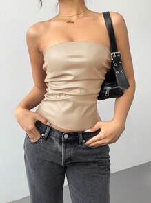 SHEIN Essnce 新年和情人节女士勃艮第皮革上衣时尚褶皱不对称下摆抹胸，适合外出和派对上衣，新年女装 - 杏色 - 查看 7