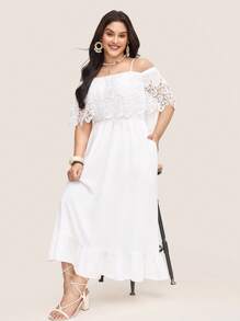 Comfylo 大码女式优雅撞色蕾丝插袋长裙 - 白色 - 查看 4