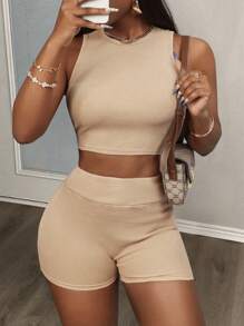 Slaydiva Setelan 2 Potong Wanita yang Stylish: Atasan Tank Crop Tanpa Lengan Rajut Bergaris dan Celana Pendek Biker Bodycon, Sempurna untuk Musim Panas - Khaki - View 4