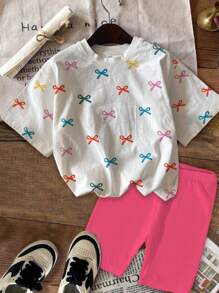 SHEIN Leap Crew Set de 2 piezas con camiseta y shorts con estampado de mariposas coloridas, de estilo casual y minimalista, para niñas preadolescentes en verano, color rosa