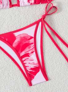 SHEIN Swim بيكيني للنساء قطعتين لملابس الشاطئ، ملابس علوية كشكشة ذات ظهر مكشوف ، وأسفل مربوط الجوانب، طباعة صيفية للعطلات والشواطئ - متعدد الألوان - مشاهدة 7