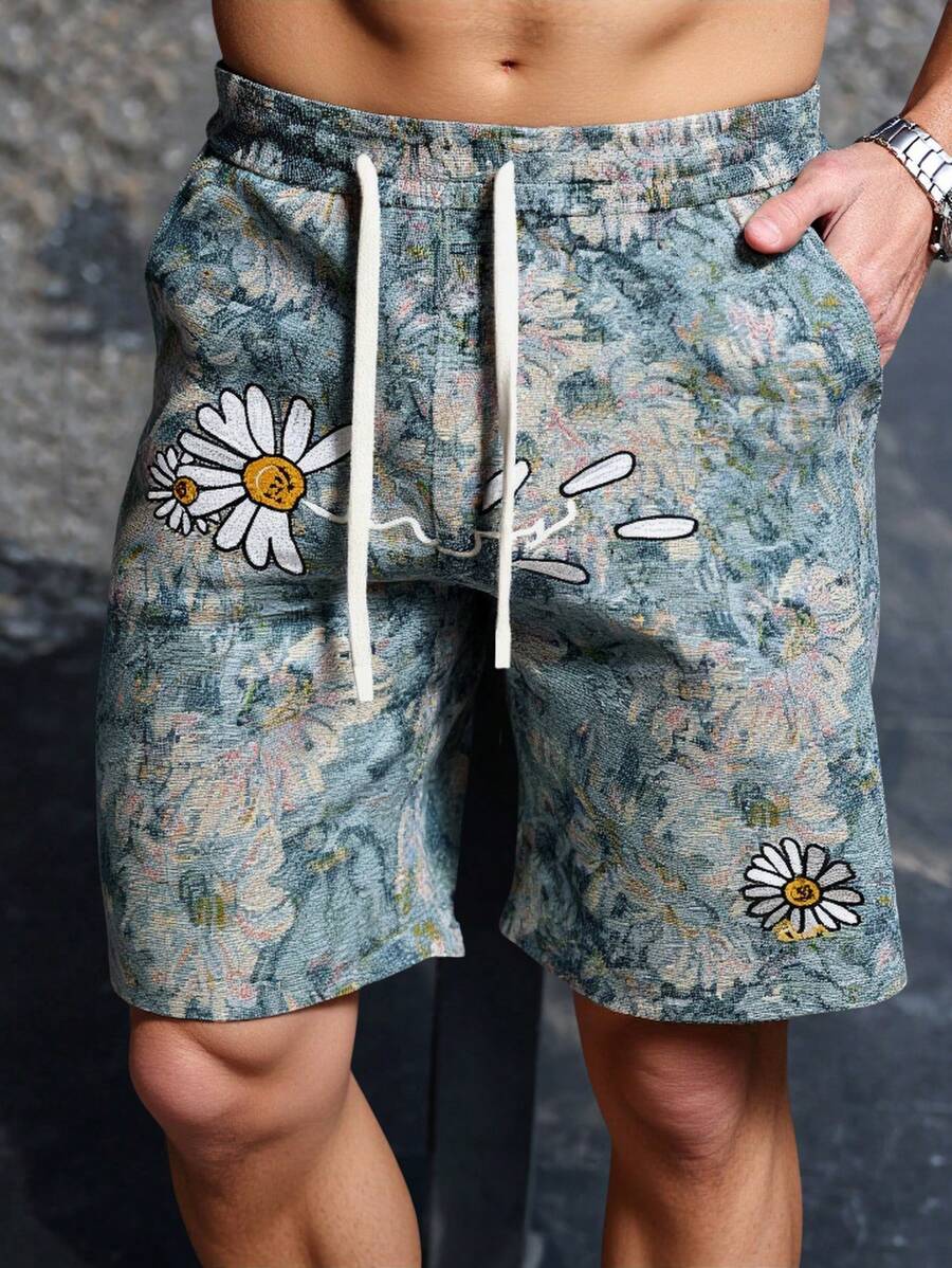 Manfinity Homme Manfinity EMRG 男士新款花卉印花休闲宽松百慕大短裤，美国时尚街头服饰，男士花卉印花休闲夏季短裤图案图形多彩外出