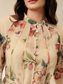 春季、夏季、优雅、度假、约会之夜、花卉 Anewsta 女士度假花卉印花灯笼袖优雅连衣裙 - 杏色 - 查看 6