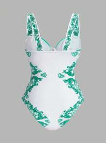 SHEIN Swim Boho Luxe Palace Print Ruffle Sleeve Premium One Piece Swimsuit Set - Mint Green - View 6