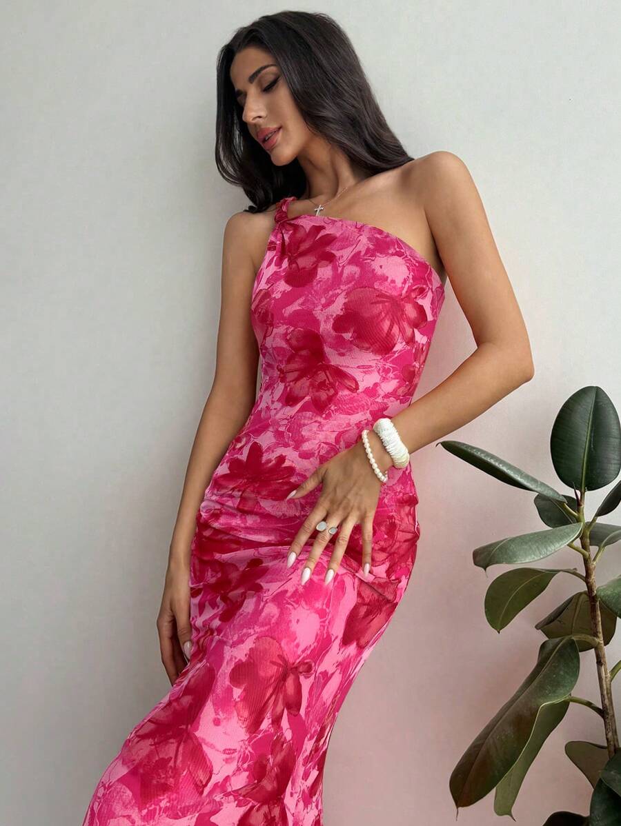 Firerie 女士优雅花卉印花单肩鱼尾下摆扭纹设计连衣裙，适合度假、约会、音乐节 - 玫紅色 - 查看 1
