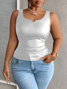 Slaydiva Plus Size Casual All-Match Black Faux Leather Cami Top With Deep U-Neck And Racerback - Silver - View 5