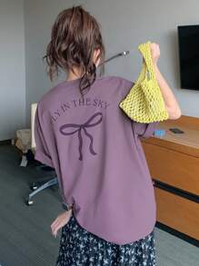 DAZY 女士夏季宽松休闲圆领蝴蝶结印花短袖T恤可爱上衣超大码T恤，图案T恤 - 紫色 - 查看 5