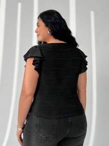 SHEIN EZwear Women Plus Size Black Pleated Ruffle Cap Sleeve Blouse