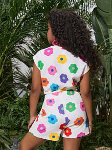 少女夏日假期花卉印花宽松圆领无袖上衣和迷你短裤套装，母女装（单独出售，2 套） - 白色 - 查看 3