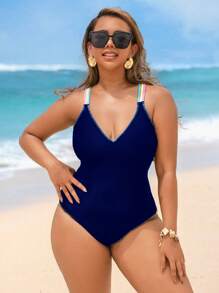 Swim SPRTY Costume intero da donna taglie forti, nero tinta unita, sexy e senza schiena, con cinturini colorati sulle spalle e bordo a forma di dente di squalo, elegante per le vacanze - Blu Navy - Visualizzare 3