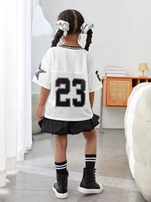 SHEIN Leap Crew Young Girl 2 Pieces Set: Loose Numeric Print Woven Top And Solid Colored Woven Mini Skirt - Black and White - View 9