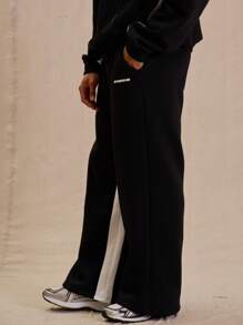 Men Drawstring Waist Contrast Panel "Musero" Slogan Graphic Print Flare Leg Sweatpants SPRING SUMMER - Black and White - View 3