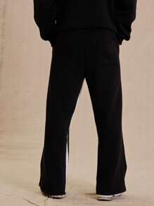 Men Drawstring Waist Contrast Panel "Musero" Slogan Graphic Print Flare Leg Sweatpants SPRING SUMMER - Black and White - View 4