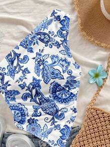 Soleia Blusa asimétrica de hombro con estampado retro de paisley en azul, ideal para vacaciones de verano