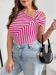 SHEIN Essnce 大码女式夏季休闲修身性感条纹露肩紧身衣，夏季女装，夏季曲线上衣，女式紧身衣