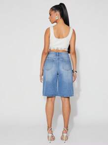 SHEIN Unity Short Jort Spring Pearl Detail 5 Pockets Baggy Festival Summer Denim Streetwear Brunch Preppy Thanksgiving Christmas NYE New Years Eve Outfits For Women - Blue - View 4