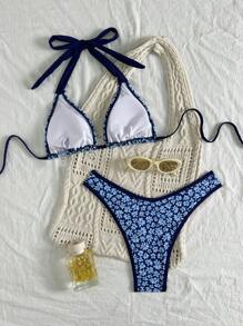 Swim Mod 女士海滩夏季服装，随机花卉印花吊带比基尼套装，可爱泳衣 - 彩色 - 查看 6