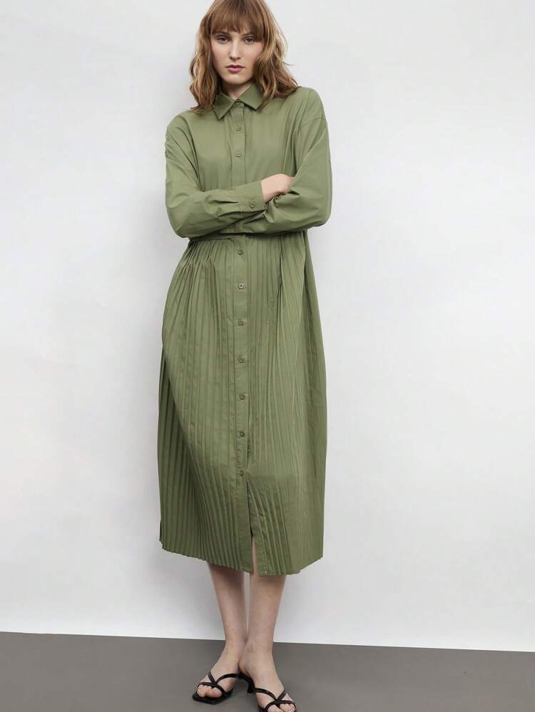 SHEIN Maija Green Long Sleeve Pleated Hem Casual Shirt Dress For Women, Fashionable Minimalist Style Suitable For Beach Vacation And Everyday Wear, Summer