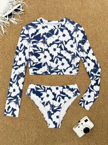 Swim SPRTY 全新夏季女士沙滩装套装，圆领长袖蓝白花卉印花休闲度假冲浪服 - 藍白色 - 查看 3