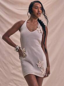 MUSERA Vestido mini ajustado de punto con cuello de halter y estampado floral, conjunto de vacaciones de verano