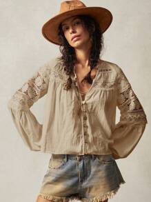 Bohemela Loose Fit Button Up Casual Shirt For Women, Fashionable Summer - Apricot - View 5