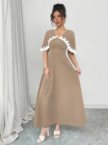 Chiquease Women's Elegant Colorblock Ruffle Detail Long Dress With Cape, Spring/Summer - Khaki - View 6