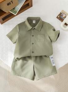 SHEIN Leap Crew 2 Stücke/Set lässiger College Stil bequemer vielseitiger Buchstaben Dekor Kurzarmhemd mit weitem Kragen & Shorts mit elastischem Bund, geeignet für Frühlings- und Sommerausflüge, Partys, für Baby Jungen/Mädchen - Grün - Übersicht 5