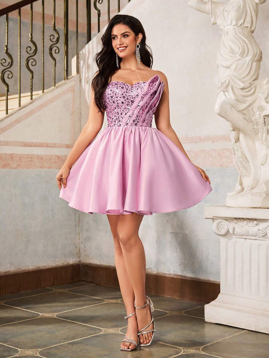 Lovelzi Elegant, romantisch, lief, waardig, lente en zomer, roze paillettenstof, satijnen stiksels, geplooide borstvormige buisjurk, A-lijn korte jurk, geschikt voor verjaardagsfeestjes, muziekfestivals, vakanties, bruiloftsgasten, afstudeerjurken, thuiskomstfeesten, galajurken, feestjurken