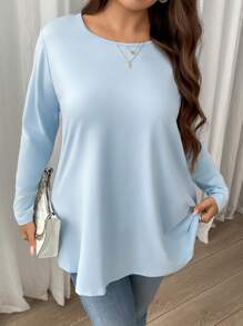 Firerie Plus Size Elegant Casual Loose Fitting Solid Color Long Sleeve Round Neck Basic Layering T-Shirt, Suitable For Vacation & Home Wear Spring Fall - Baby Blue - View 2