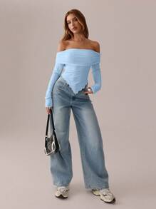 SHEIN SXY Blusa blanca; Camiseta de manga larga a pliegues asimétrica blanca sólida, otoño/primavera; Camiseta ajustada de punto off-shoulder para mujer; Adecuado para citas; Salida diaria - Azul - Ver 5