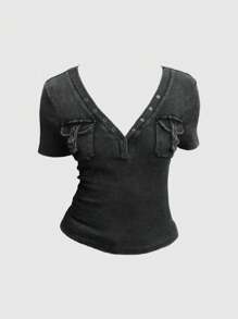 ROMWE Grunge Punk Vintage Washed Distressed Crew Neck Short Sleeve Loose Tee Shirt With Kangaroo Pocket For Women, Black/Grey, Summer Beach Graduation Easter Concert Nashville Vacation - Black - View 3