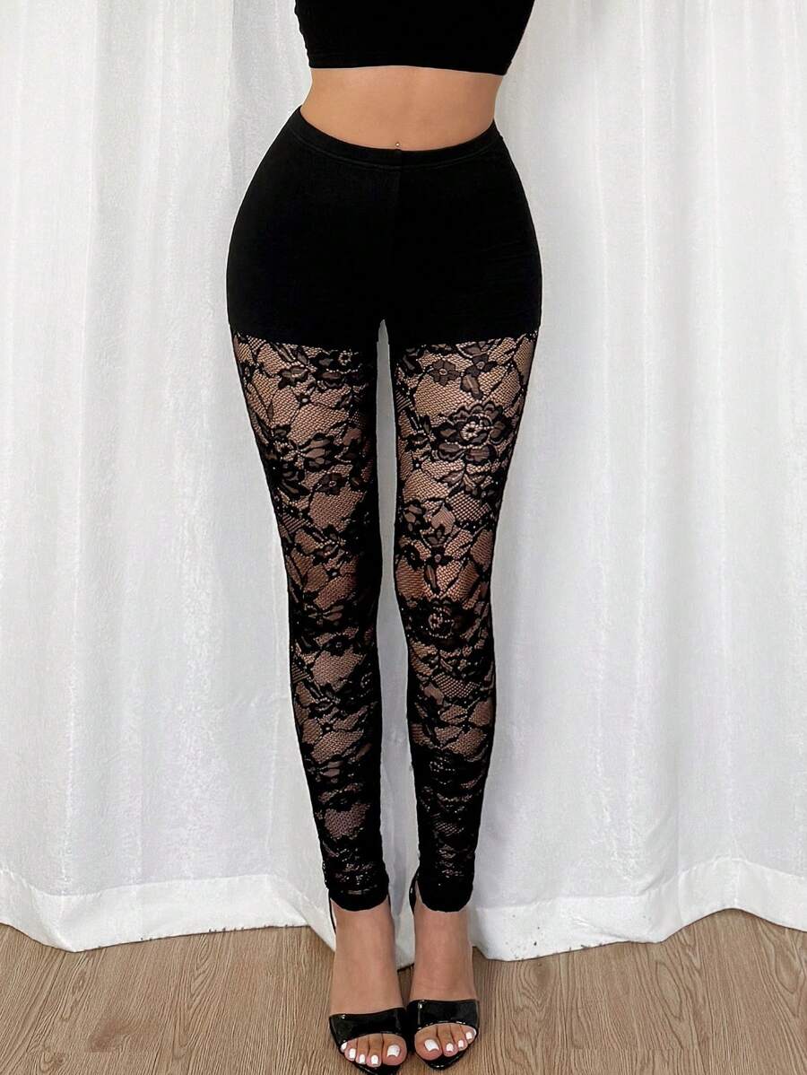 Rafferiza Fashionable New Design Lace Patchwork 2 In 1 Women Leggings Fall Cloth For Women - Black - View 1