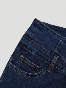 SHEIN Essnce Casual Washed Front Button Slim Fit Denim Shorts - Dark Wash - View 4