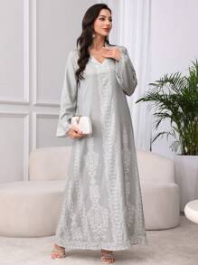 Al Najma 女士阿拉伯风格V领长袖简约时尚连衣裙，端庄，长袍 - 綠色 - 查看 7