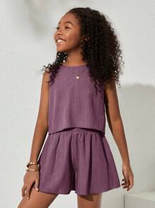 SHEIN NovaGlow Tween Girl Tween Girls' Casual Solid Color Sleeveless Woven Top And Shorts Set - Red Violet - View 6