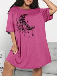 SHEIN CURVE+ Plus Size Music Festival Floral Print Drop Shoulder T-Shirt - Hot Pink - View 1
