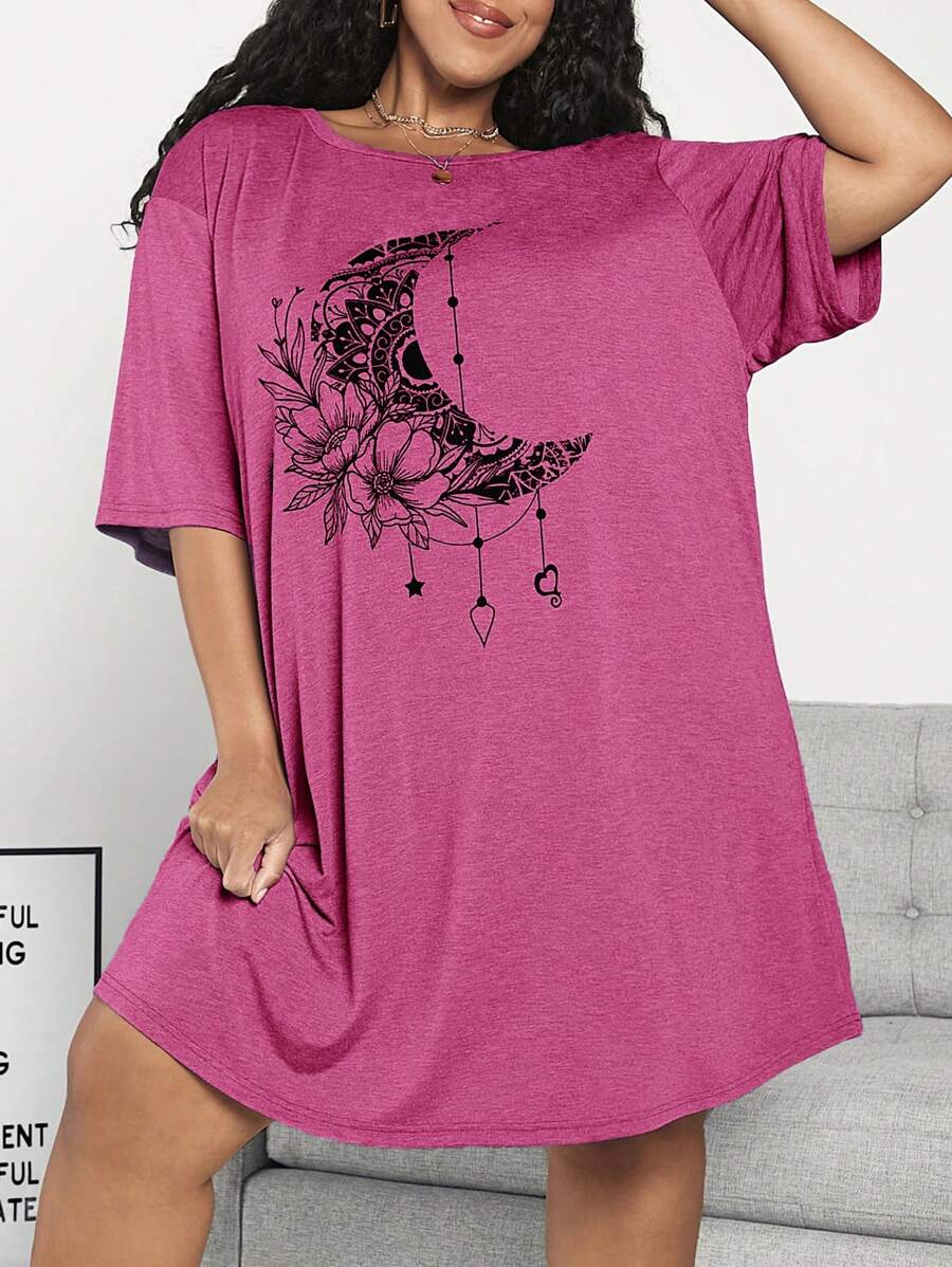 SHEIN CURVE+ Plus Size Music Festival Floral Print Drop Shoulder T-Shirt - Hot Pink - View 1