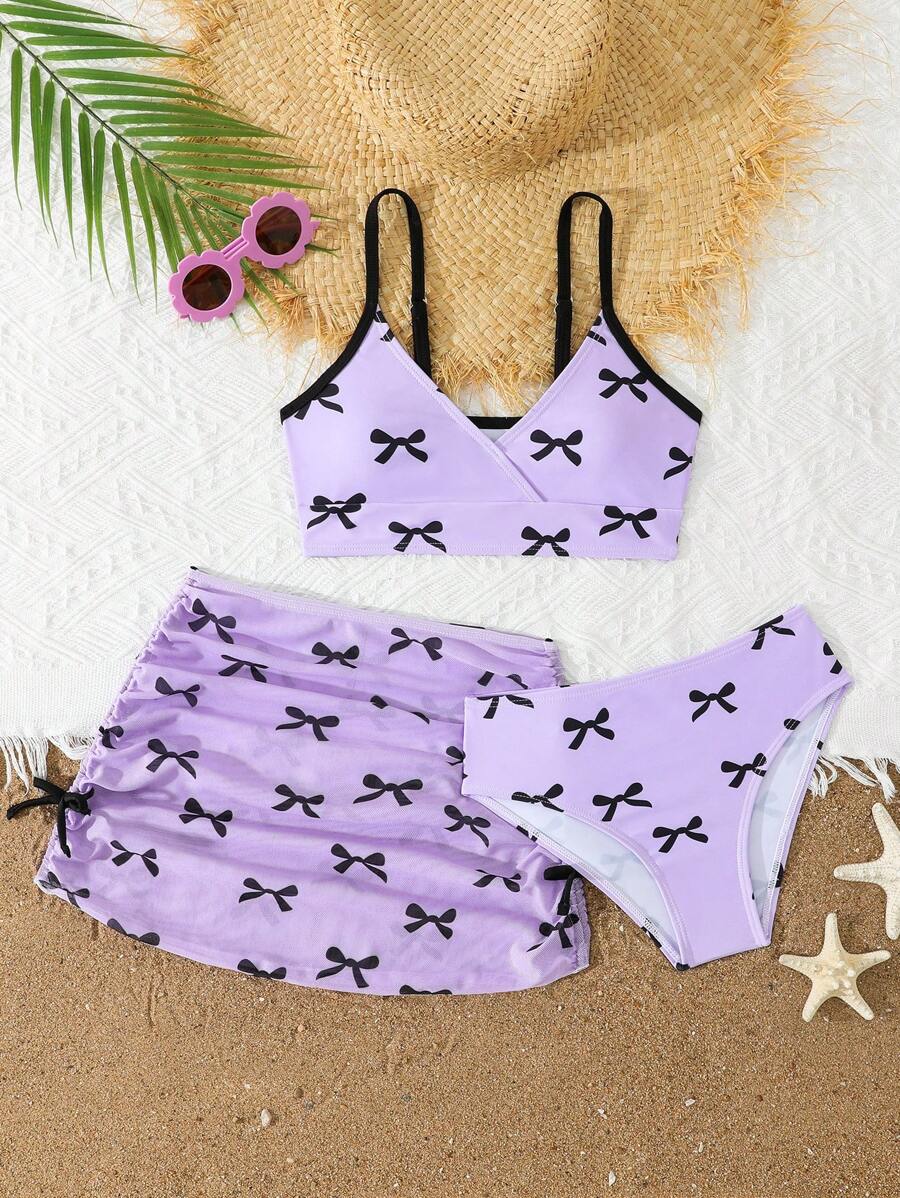 SHEIN 3 Pcs/Set Tween Girl Random Print Tankini Swimwear Set - Purple - View 1