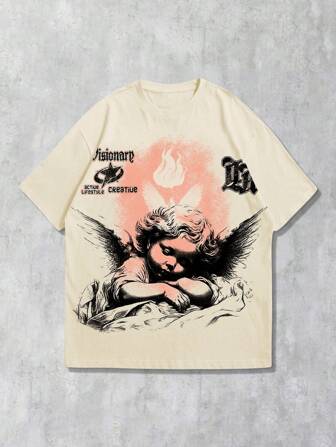 Street Life Men's Angel Print Round Neck Short Sleeve Casual T-Shirt