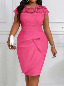Fleurora Plus Size Women Contrast Lace Crew Neck Gathered Sleeve Elegant Dress - Hot Pink - View 6