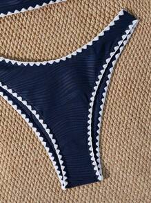 Swim Vcay 2pcs Set Spring/Summer Navy Blue Backless Tooth Edge Vacation Beach Bikini Set