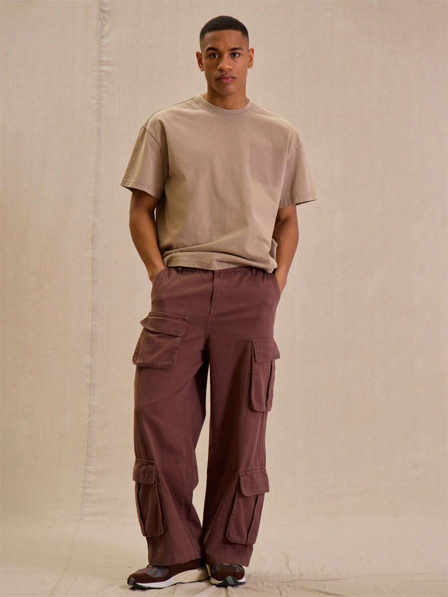 Musero Men Woven Wide Leg Pocket Cargo Trousers - Chocolate Brown - View 1