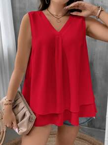 EMERY ROSE Áo kiểu nữ cỡ lớn cổ chữ V không tay, bèo nhún, phong cách thường ngày, thích hợp cho mùa hè. - Đỏ - Xem 6