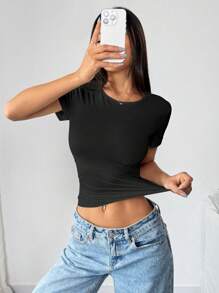 Chiquease Áo thun nữ cổ tròn, eo ôm, tay ngắn, nhẹ, cơ bản - Đen và trắng - Xem 8