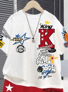 SHEIN 2 件装青少年男孩休闲时尚大写“K”国王文字、篮球图案印花短袖圆领套装，适合夏季 - 彩色 - 查看 3