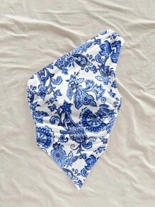 Soleia Blusa asimétrica de hombro con estampado retro de paisley en azul, ideal para vacaciones de verano