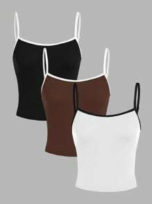 SHEIN EZwear 3pcs Versatile Plain Color Camisole Tops, Fitted Women Round Neck Sleeveless Tank Tops, Suitable For Summer - Multicolor - View 1