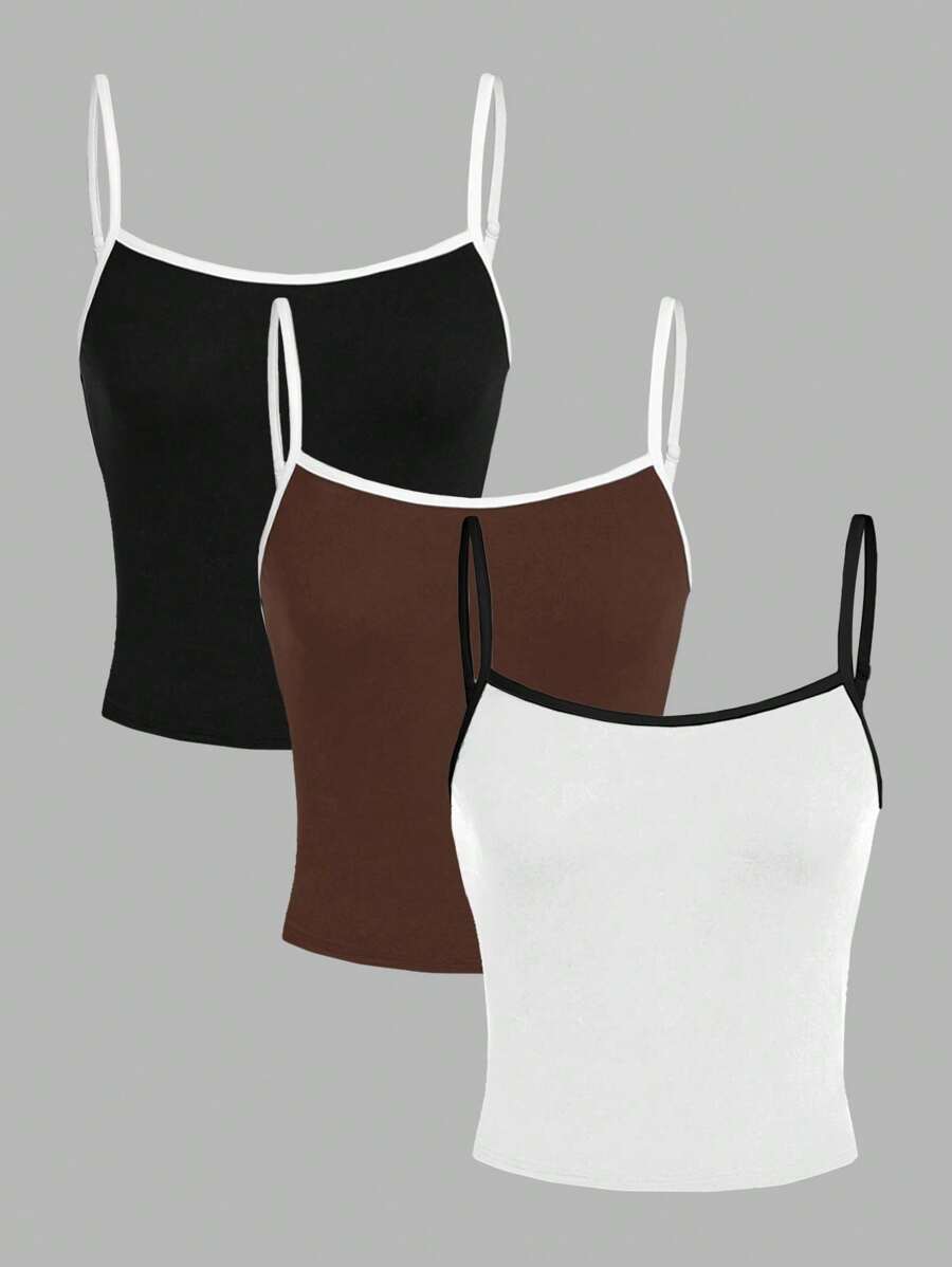 SHEIN EZwear 3pcs Versatile Plain Color Camisole Tops, Fitted Women Round Neck Sleeveless Tank Tops, Suitable For Summer - Multicolor - View 1