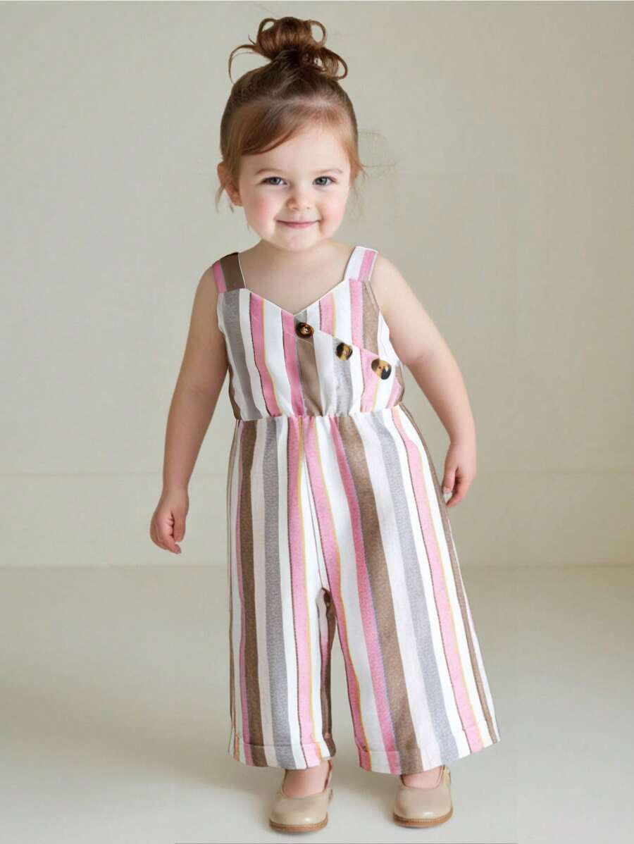 Mädchen Sommer legere ärmelloser gestreifter bedruckter Jumpsuit - Verschiedenfarbig - Übersicht 1