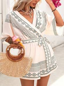SHEIN VCAY Tutina avvolgente con scollo a V e stampa geometrica per donne taglia comode